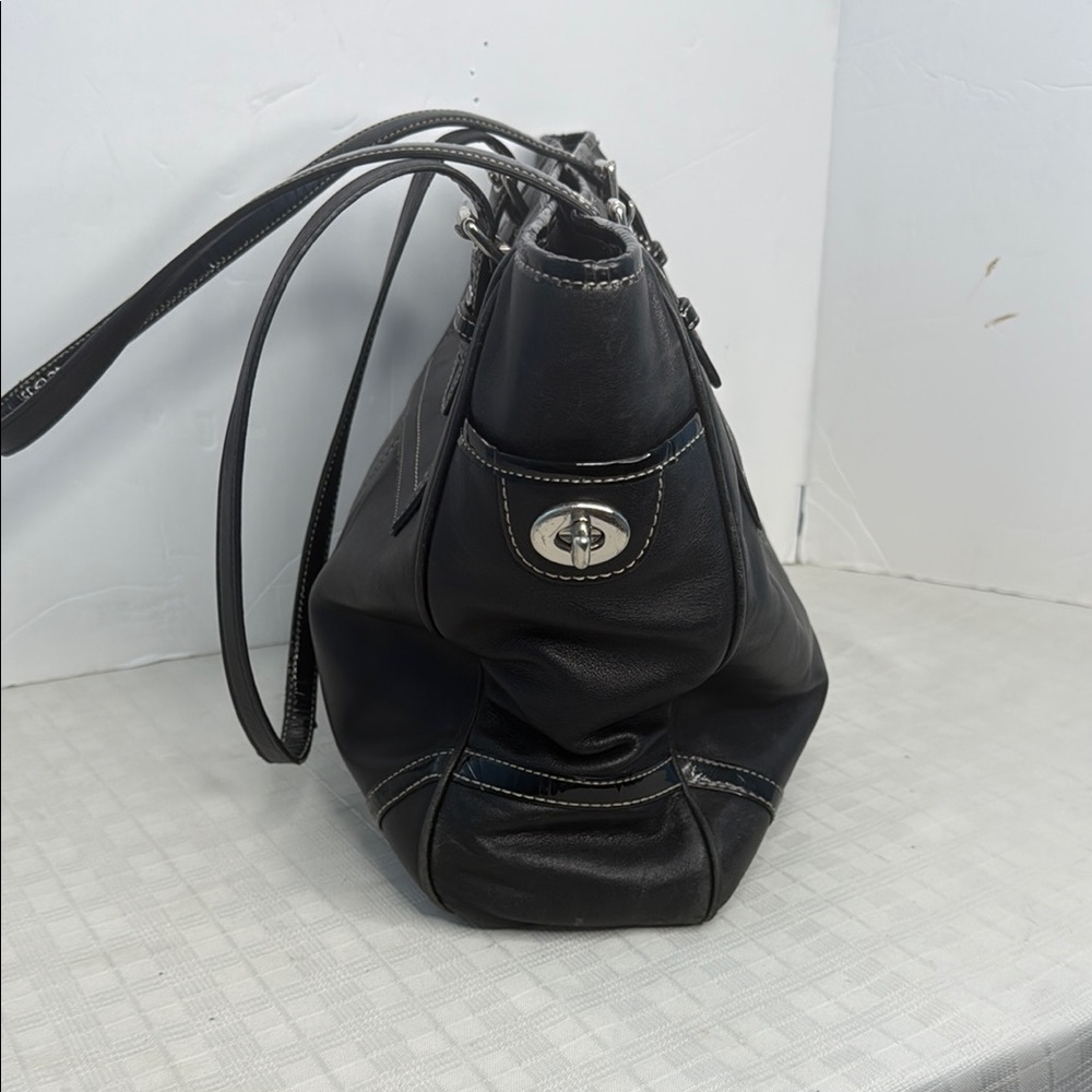 Coach Black Leather Tote with Silver Hardware - Picture 2 of 9